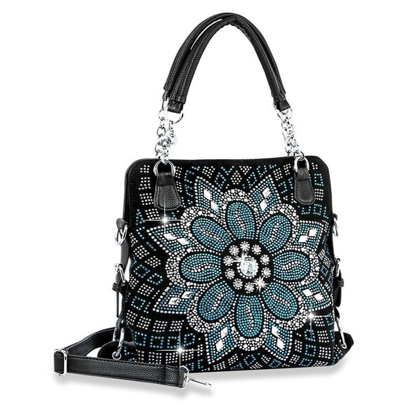Boho Flower Blue Rhinestone Covered Floral Pattern Handbag Purse - Picture 1 of 9